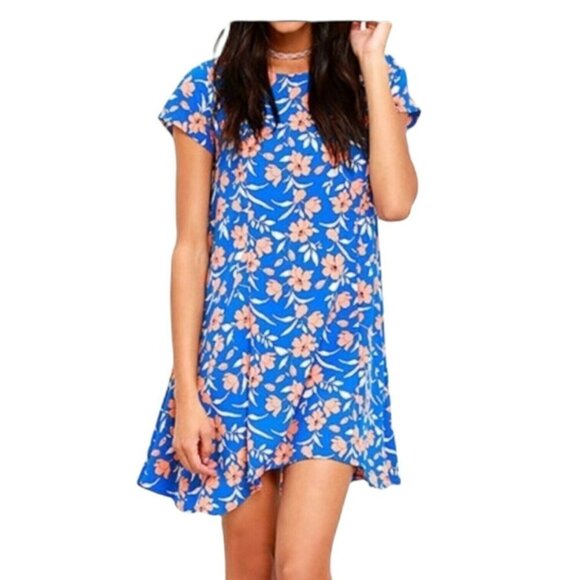 Lulus Garden Party Swing Dress Size S Floral Blue Peach Flowers Pullover - Picture 1 of 9